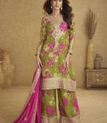 Mehendi green faux chinon embroidered readymade palazzo suit