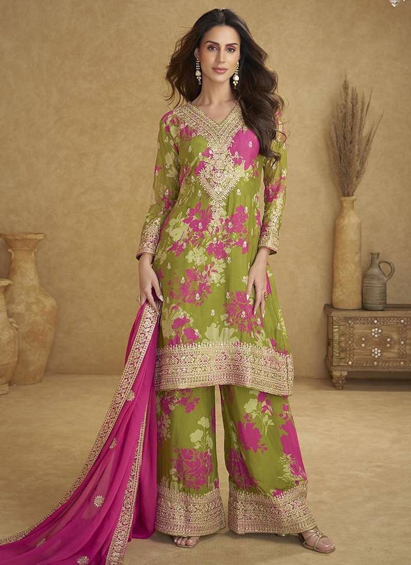 Mehendi green faux chinon embroidered readymade palazzo suit