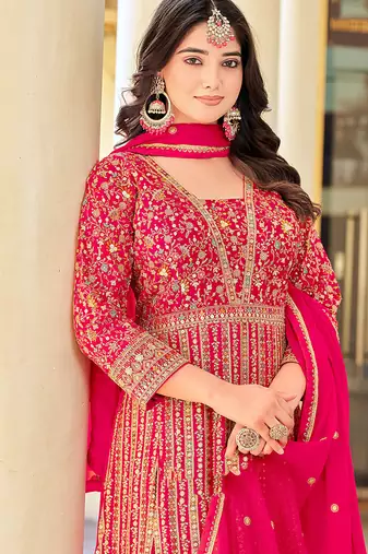 Rani pink faux georgette embroidered readymade anarkali suit