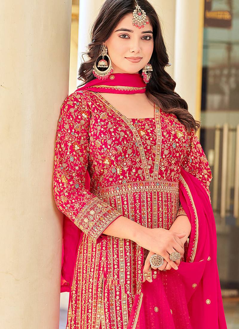 Rani pink faux georgette embroidered readymade anarkali suit