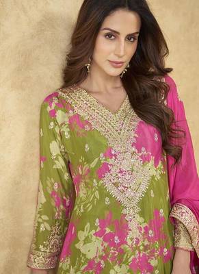 Mehendi green faux chinon embroidered readymade palazzo suit 2
