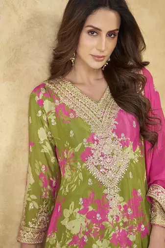 Mehendi green faux chinon embroidered readymade palazzo suit