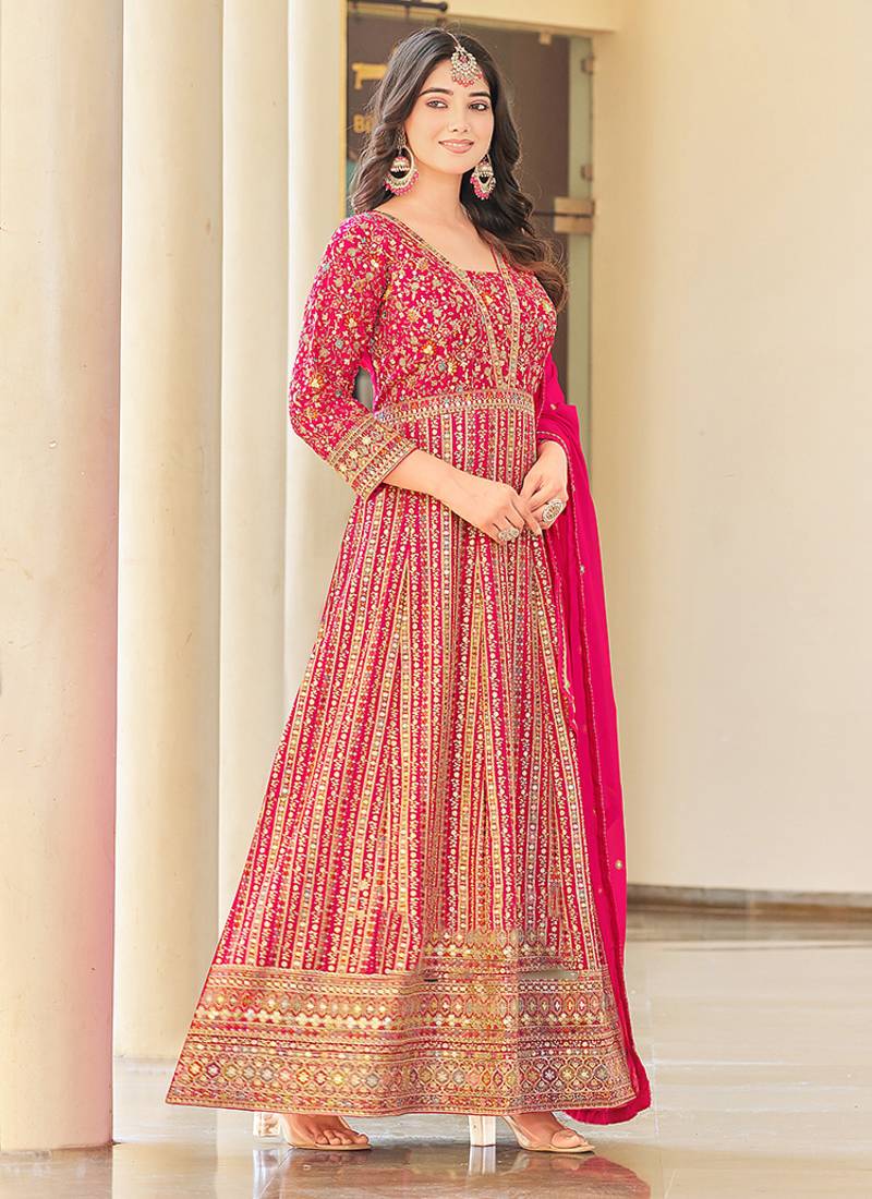 Rani pink faux georgette embroidered readymade anarkali suit
