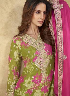 Mehendi green faux chinon embroidered readymade palazzo suit 3