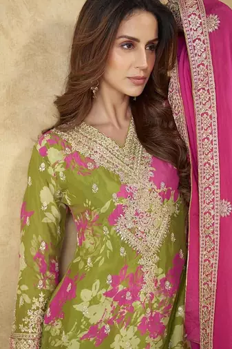 Mehendi green faux chinon embroidered readymade palazzo suit