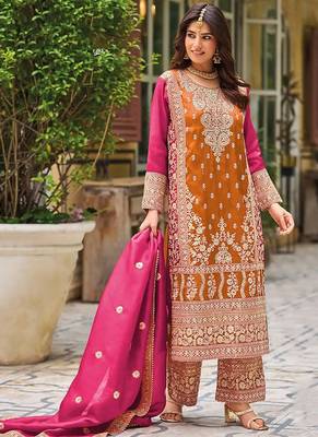 Orange faux chinon embroidered readymade salwar suit 1