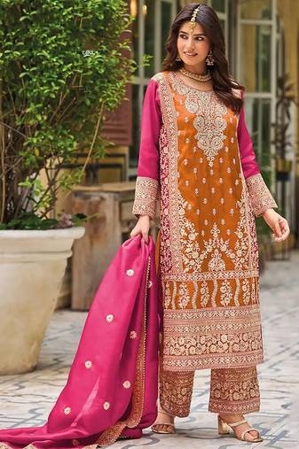 Orange faux chinon embroidered readymade salwar suit