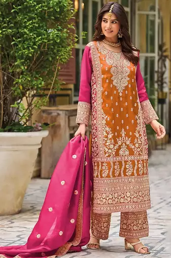 Orange faux chinon embroidered readymade salwar suit
