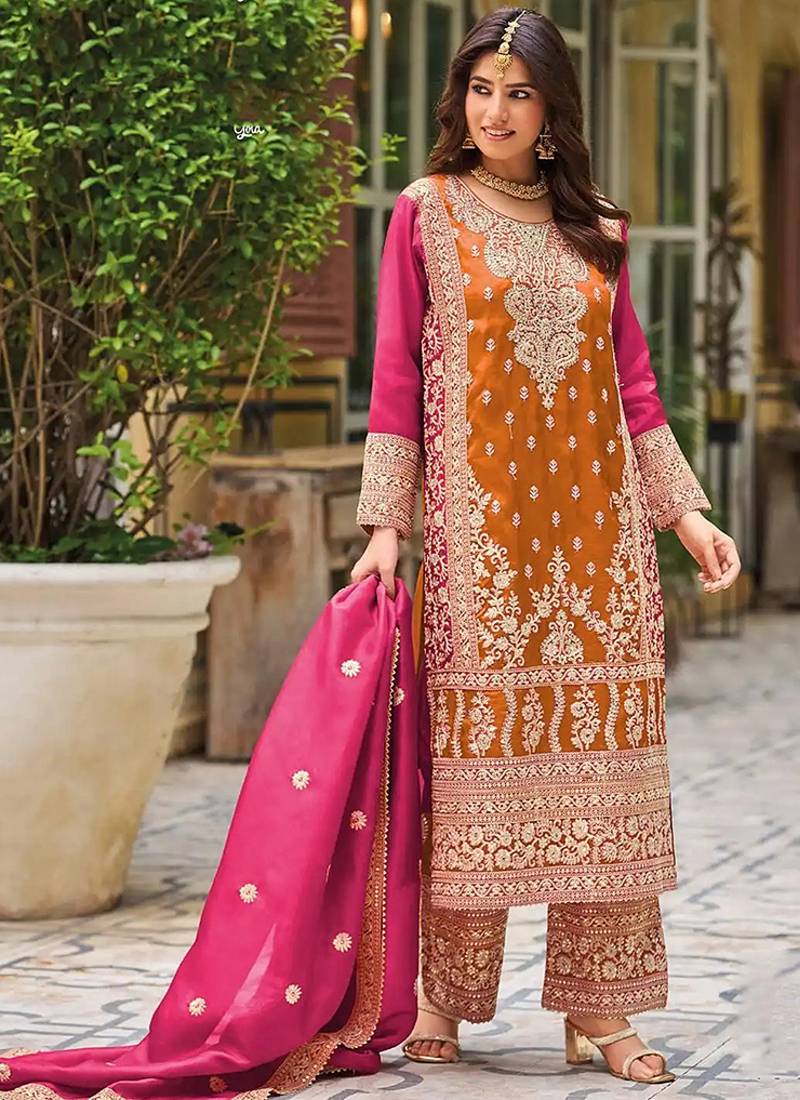 Orange faux chinon embroidered readymade salwar suit