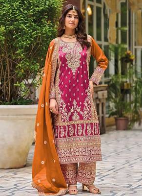 Rani pink faux chinon embroidered readymade salwar suit 1