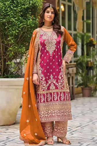 Rani pink faux chinon embroidered readymade salwar suit