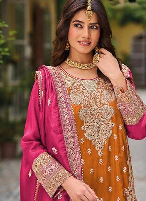 Orange faux chinon embroidered readymade salwar suit 2