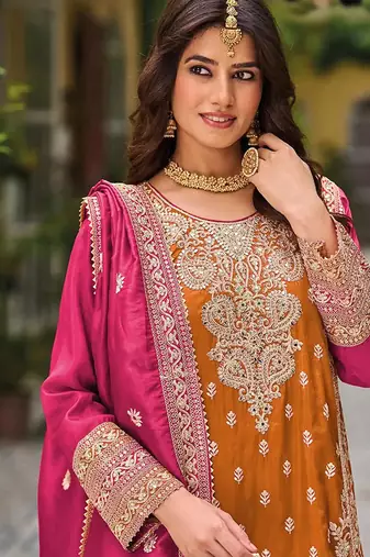 Orange faux chinon embroidered readymade salwar suit