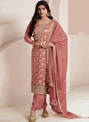 Salmon pink silk blend jacquard work readymade salwar kameez 1