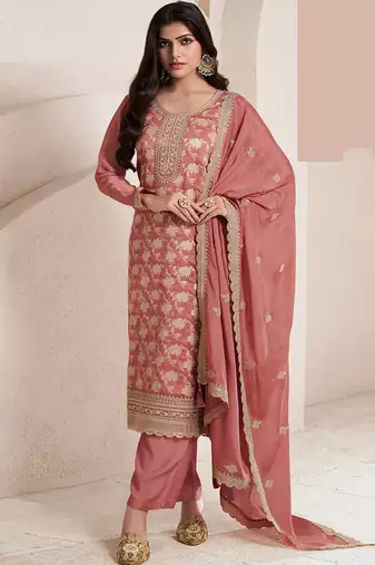 Salmon pink silk blend jacquard work readymade salwar kameez
