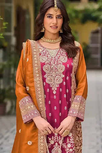 Rani pink faux chinon embroidered readymade salwar suit