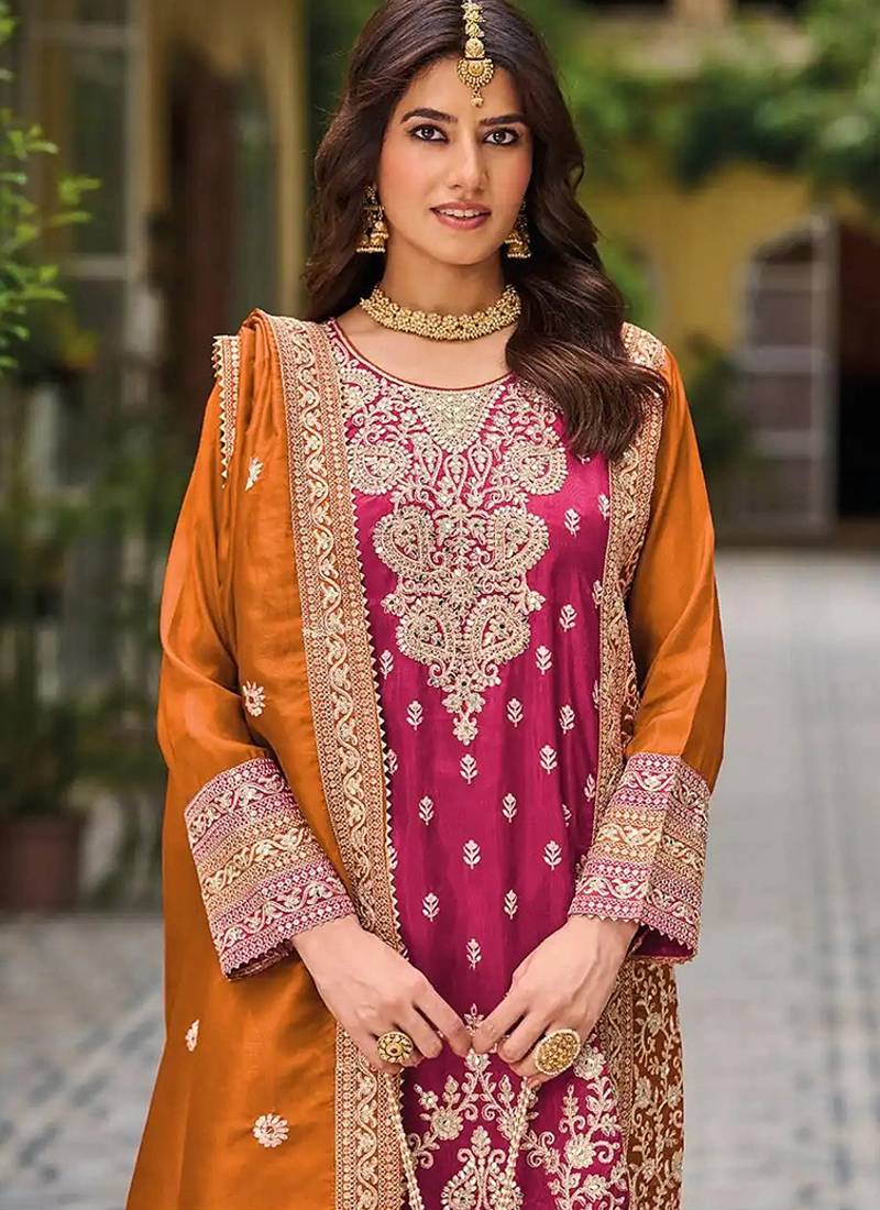Rani pink faux chinon embroidered readymade salwar suit