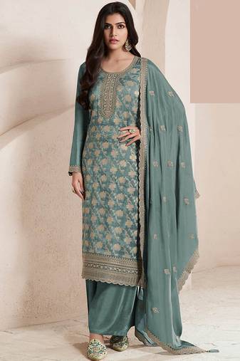 Light teal silk blend jacquard work readymade salwar kameez