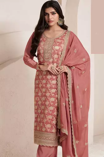Salmon pink silk blend jacquard work readymade salwar kameez