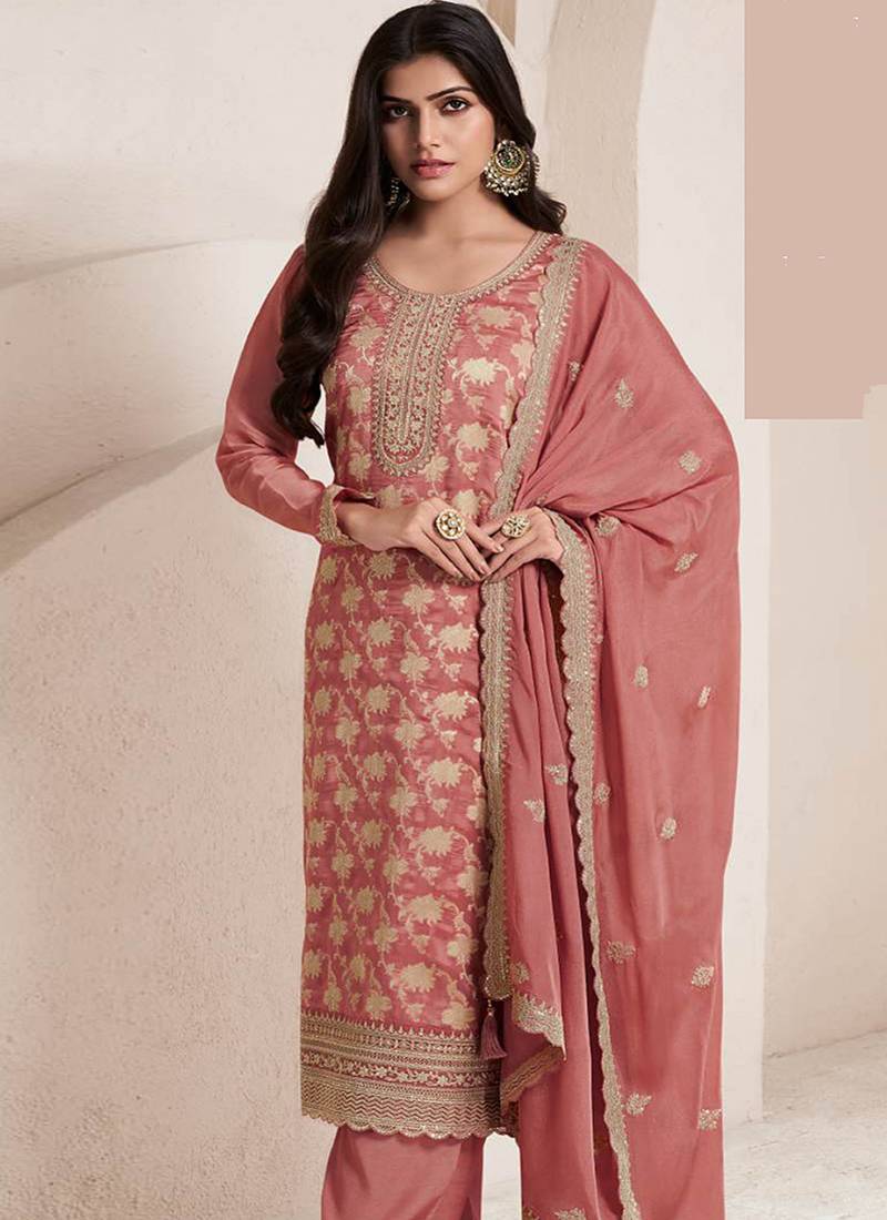 Salmon pink silk blend jacquard work readymade salwar kameez