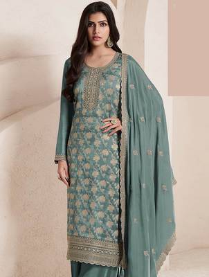 Light teal silk blend jacquard work readymade salwar kameez 2