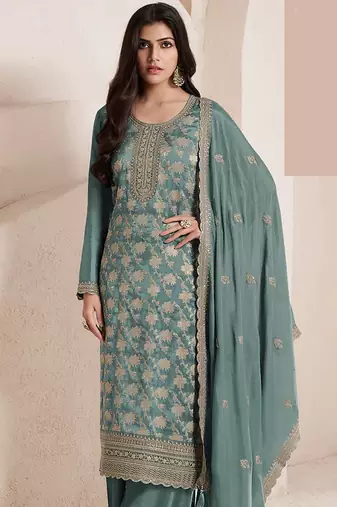 Light teal silk blend jacquard work readymade salwar kameez