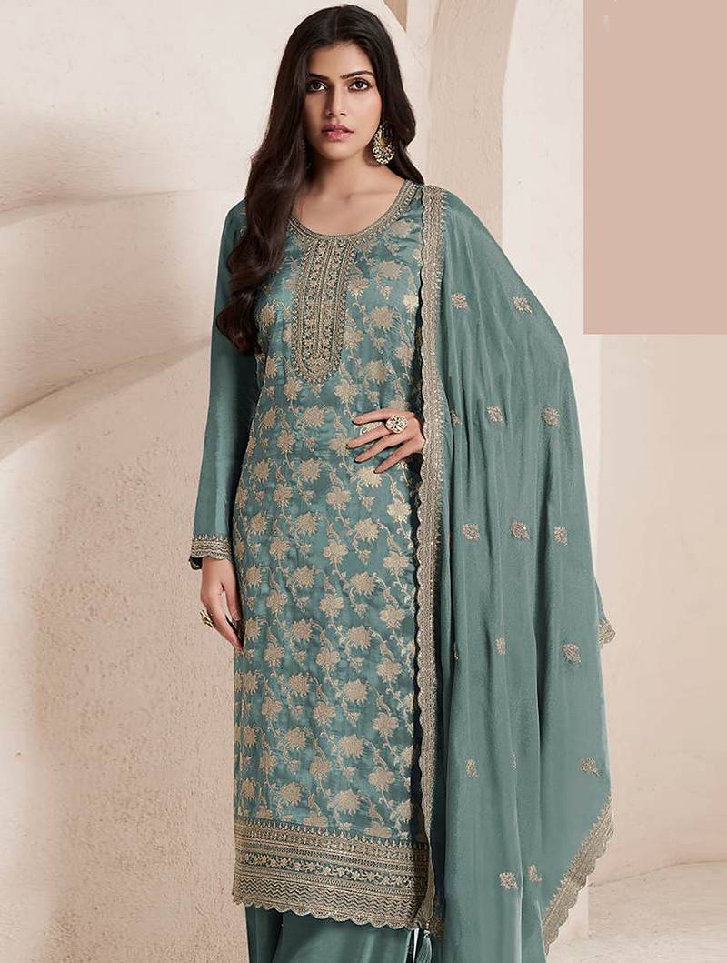 Light teal silk blend jacquard work readymade salwar kameez