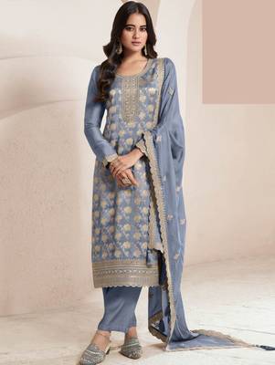 Slate grey silk blend jacquard work readymade salwar kameez 1