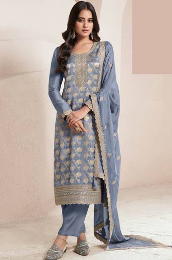 Slate grey silk blend jacquard work readymade salwar kameez