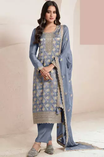 Slate grey silk blend jacquard work readymade salwar kameez