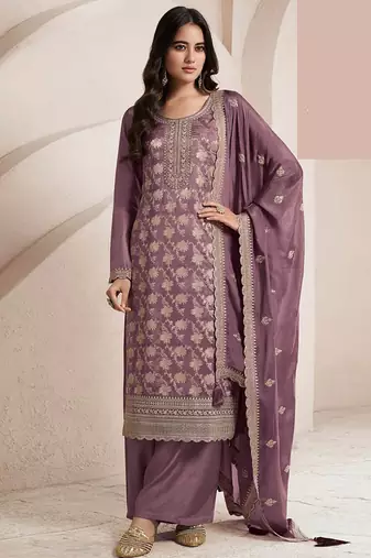 Dark lilac silk blend jacquard work readymade salwar kameez
