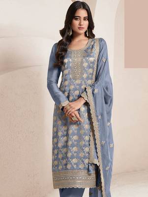 Slate grey silk blend jacquard work readymade salwar kameez 2