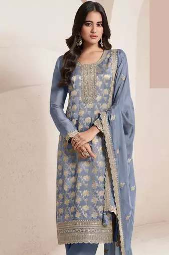 Slate grey silk blend jacquard work readymade salwar kameez