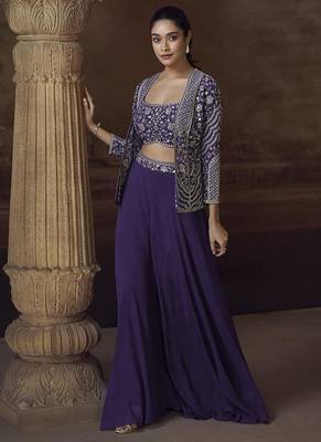 Purple chinon silk blend embroidered readymade jacket style suit 1