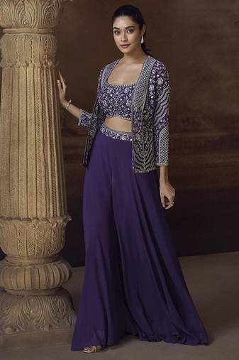 Purple chinon silk blend embroidered readymade jacket style suit