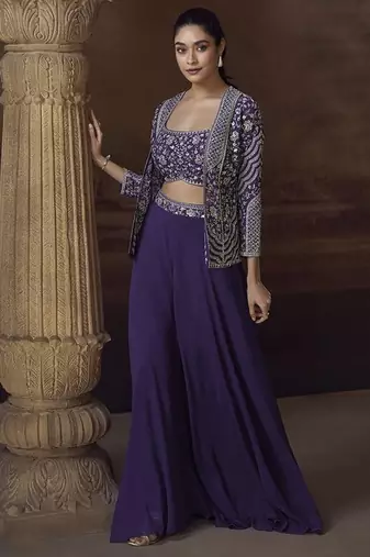 Purple chinon silk blend embroidered readymade jacket style suit
