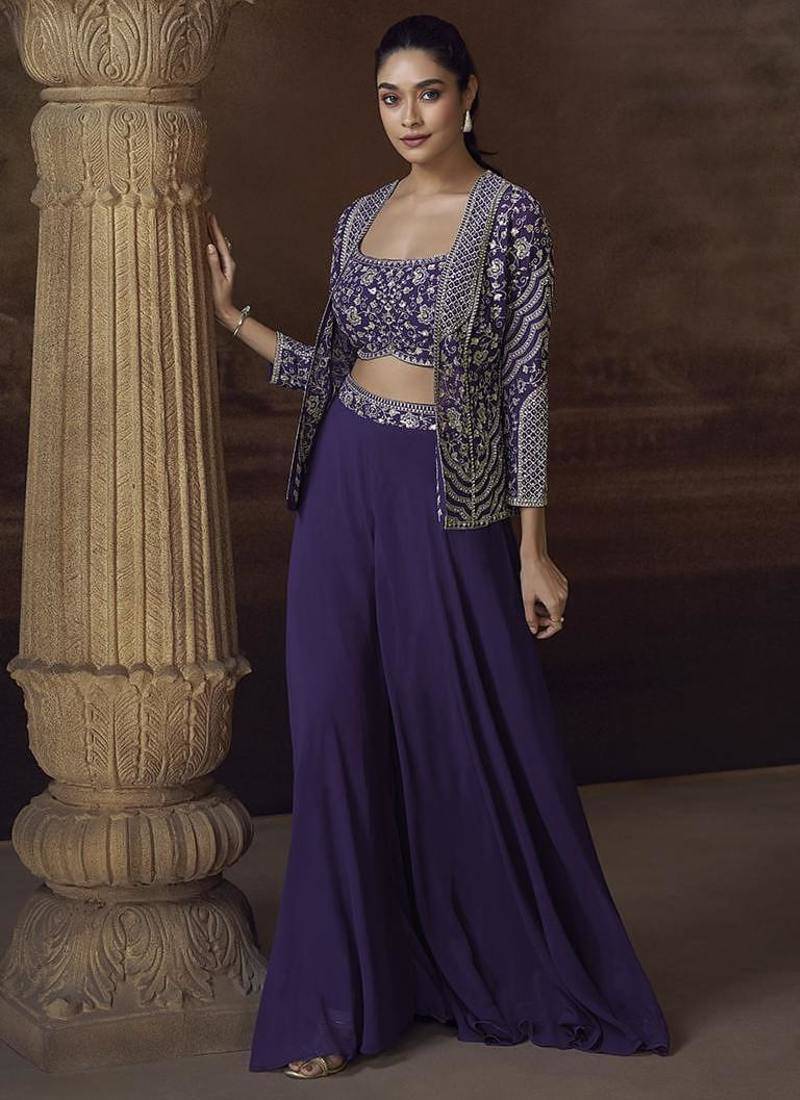 Purple chinon silk blend embroidered readymade jacket style suit