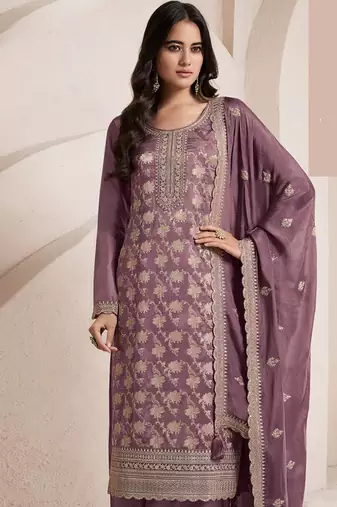 Dark lilac silk blend jacquard work readymade salwar kameez