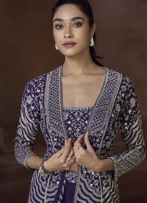 Purple chinon silk blend embroidered readymade jacket style suit 3