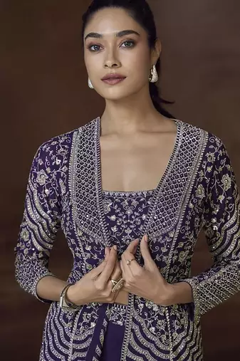 Purple chinon silk blend embroidered readymade jacket style suit