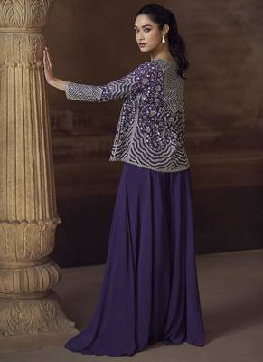 Purple chinon silk blend embroidered readymade jacket style suit 4