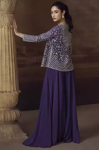 Purple chinon silk blend embroidered readymade jacket style suit