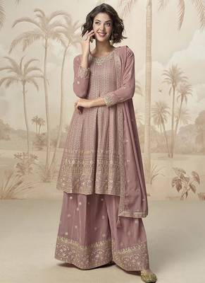 Mauve faux georgette embroidered readymade sharara salwar suit 1