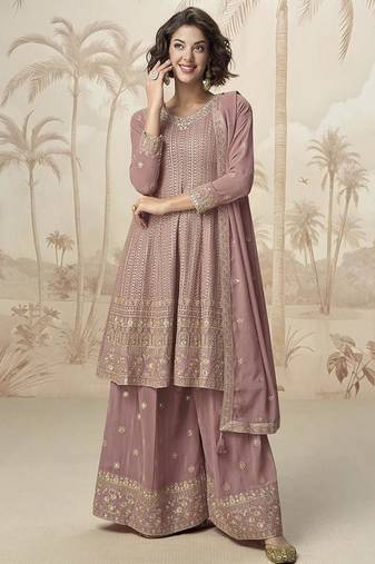 Mauve faux georgette embroidered readymade sharara salwar suit