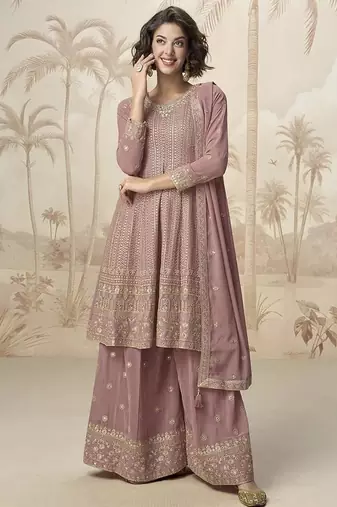 Mauve faux georgette embroidered readymade sharara salwar suit