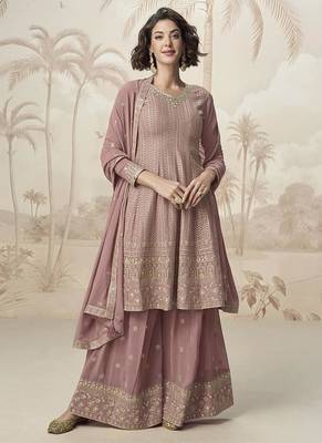 Mauve faux georgette embroidered readymade sharara salwar suit 2