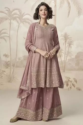 Mauve faux georgette embroidered readymade sharara salwar suit