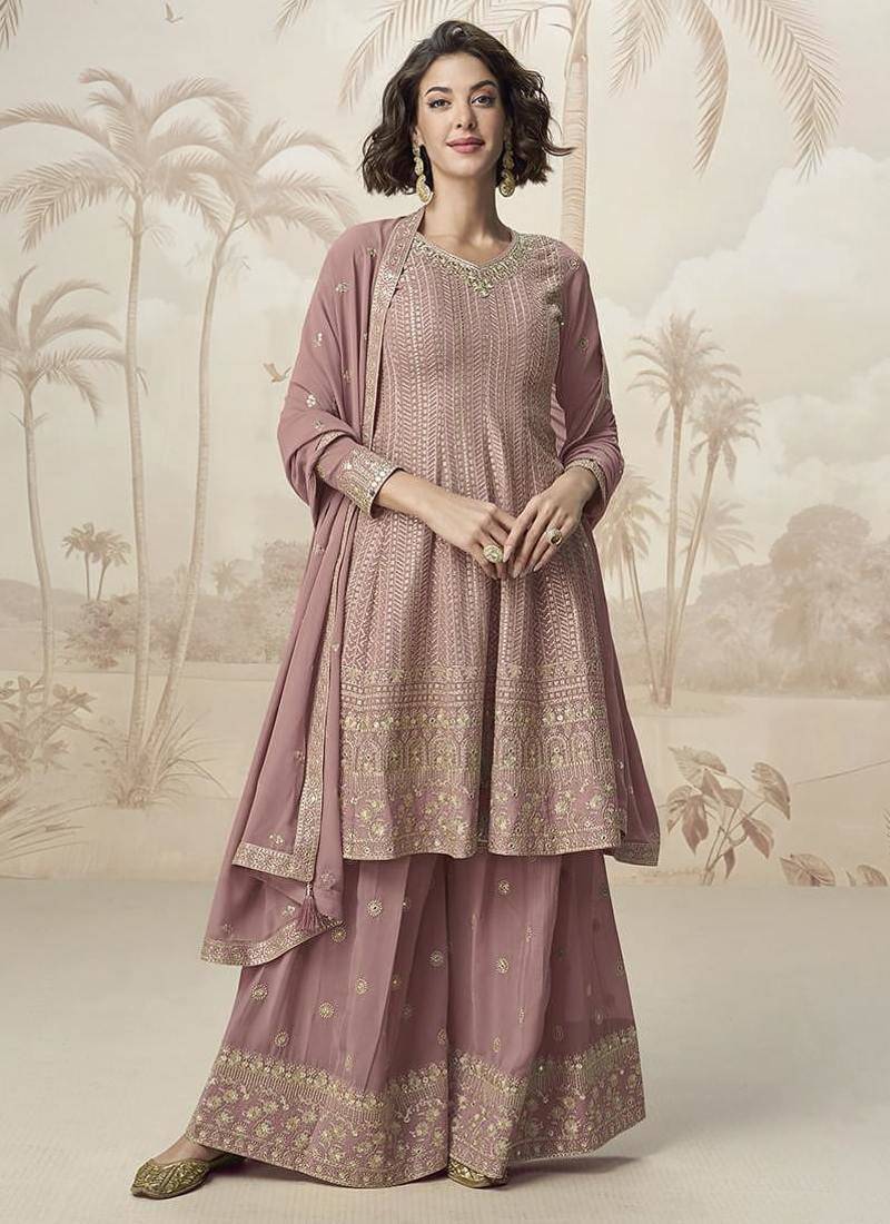 Mauve faux georgette embroidered readymade sharara salwar suit