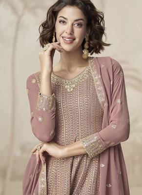 Mauve faux georgette embroidered readymade sharara salwar suit 3
