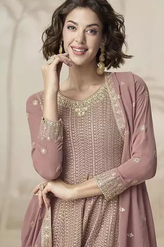 Mauve faux georgette embroidered readymade sharara salwar suit